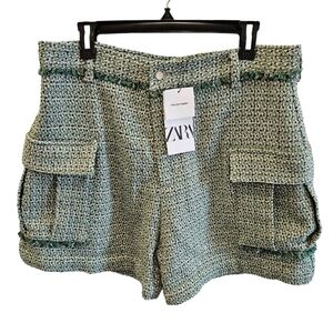Zara Green Tweed Italian Fabric Fringe Shorts NEW Womens